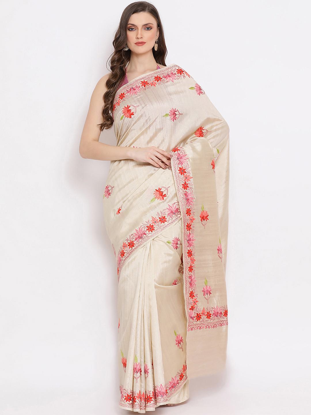 IVORY & PEONIES SEMI PASHMINA SILK SAREE WITH AARI FLORAL EMBROIDERY ON BORDER & BODY