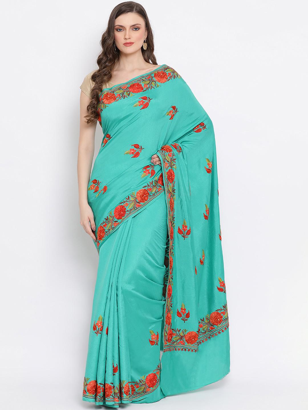 AQUA GREEN SEMI PASHMINA SILK SAREE WITH AARI FLORAL EMBROIDERY ON BORDER & BODY