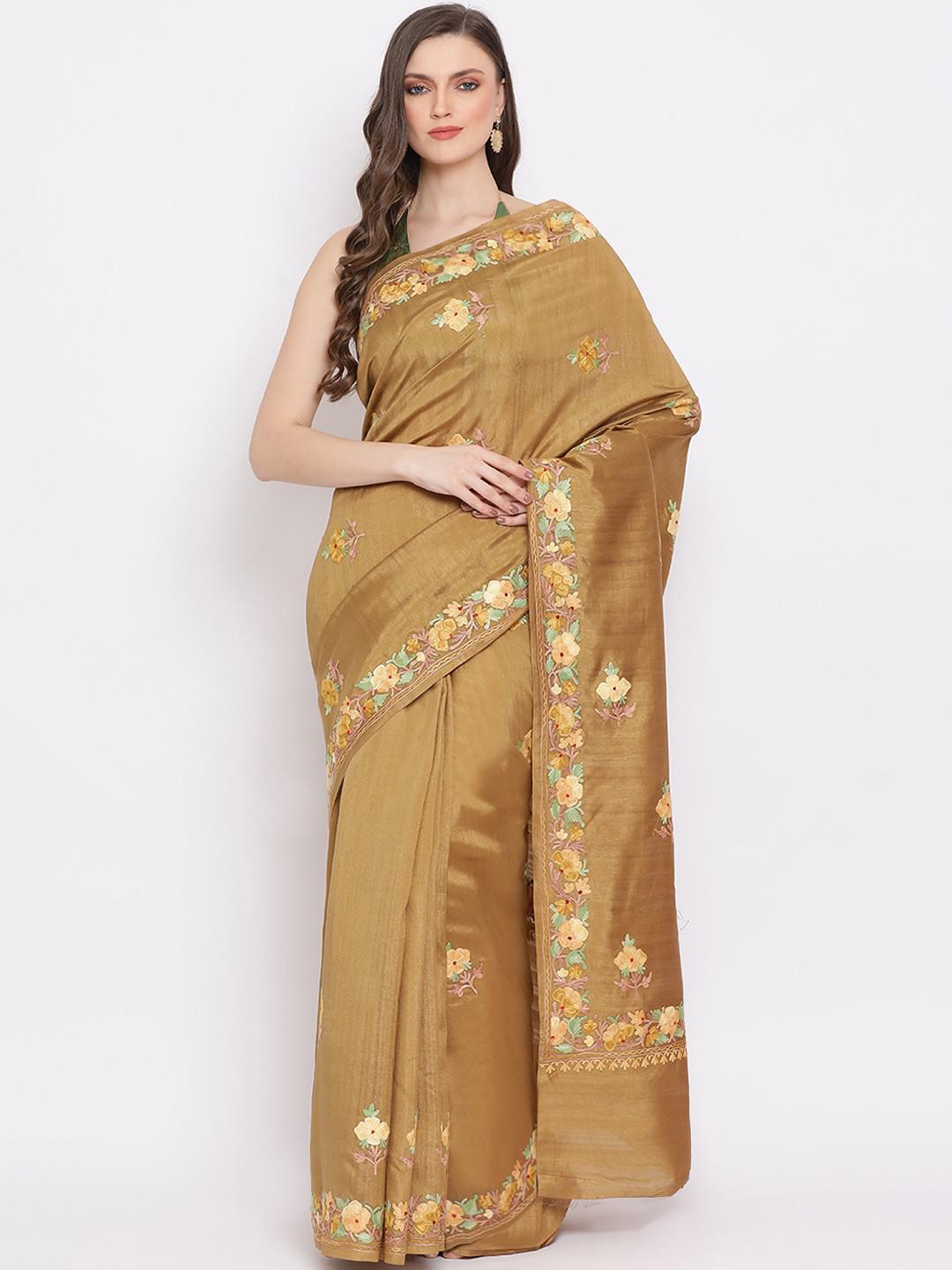 KHUDRANG SEMI PASHMINA SILK SAREE WITH FLORAL AARI EMBROIDERY ON BORDER & BODY