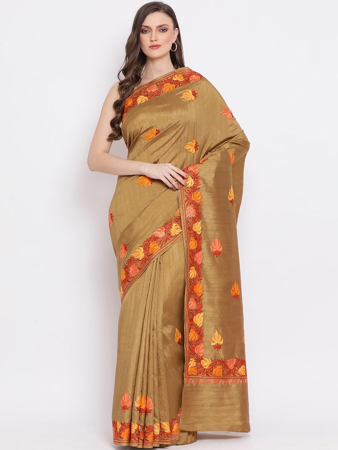 KHUDRANG SEMI PASHMINA SILK SAREE WITH FLORAL AARI EMBROIDERY ON BORDER & BODY