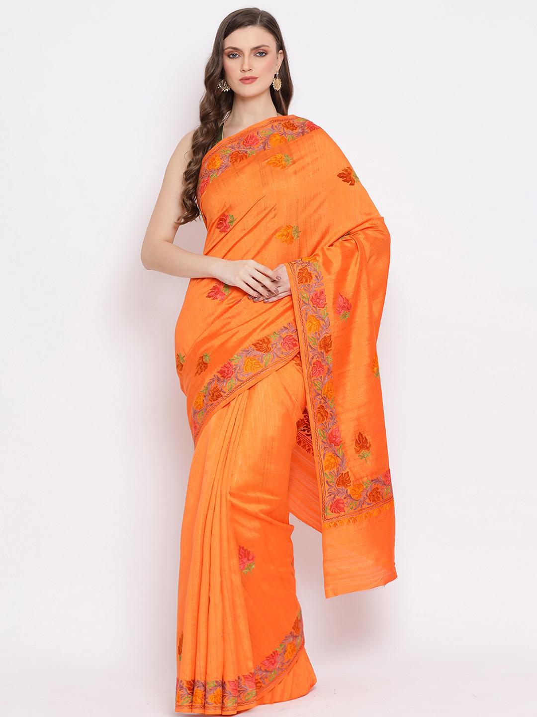 VERMILLION SEMI PASHMINA SILK SAREE WITH FLORAL AARI EMBROIDERY ON BORDER & BODY