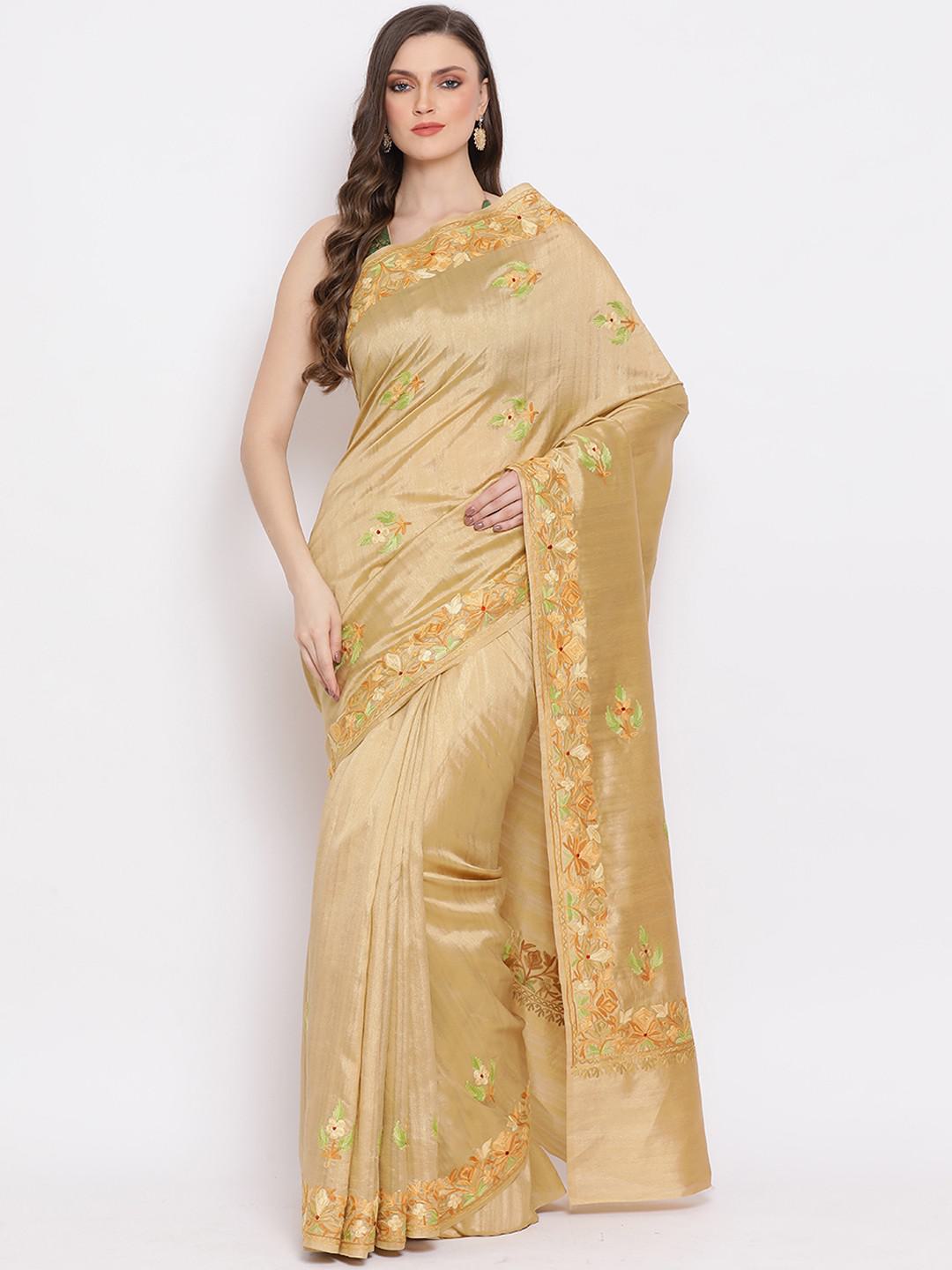 KHUDRANG SEMI PASHMINA SILK SAREE WITH FLORAL AARI EMBROIDERY ON BORDER & BODY