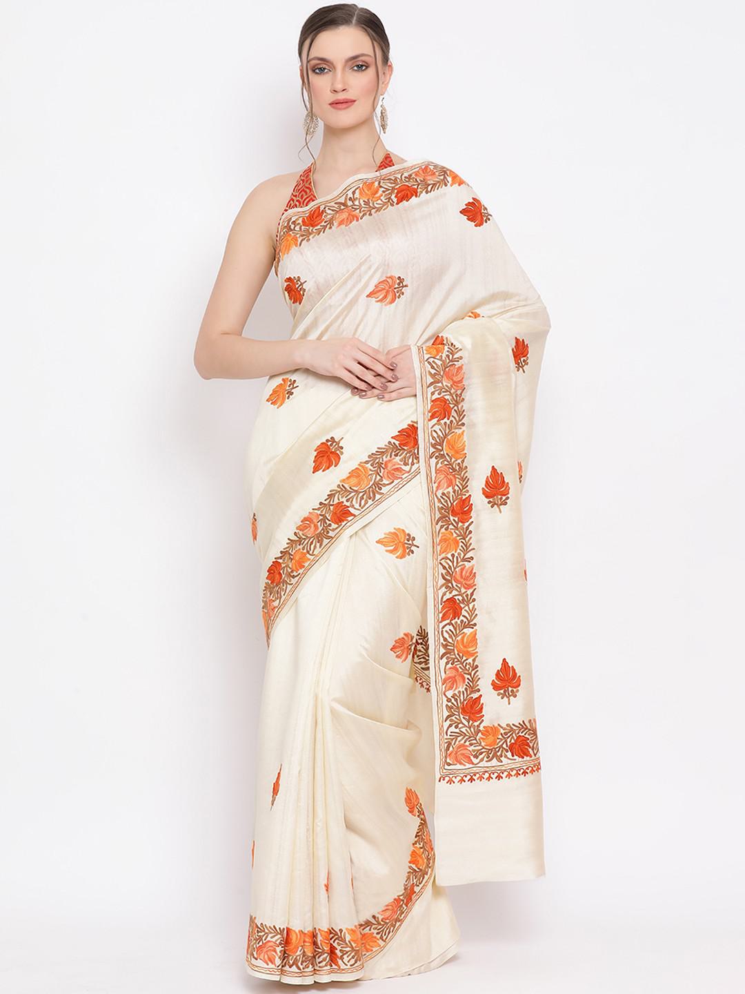 IVORY & CRIMSON SEMI PASHMINA SILK SAREE WITH FLORAL AARI EMBROIDERY ON BORDER & BODY