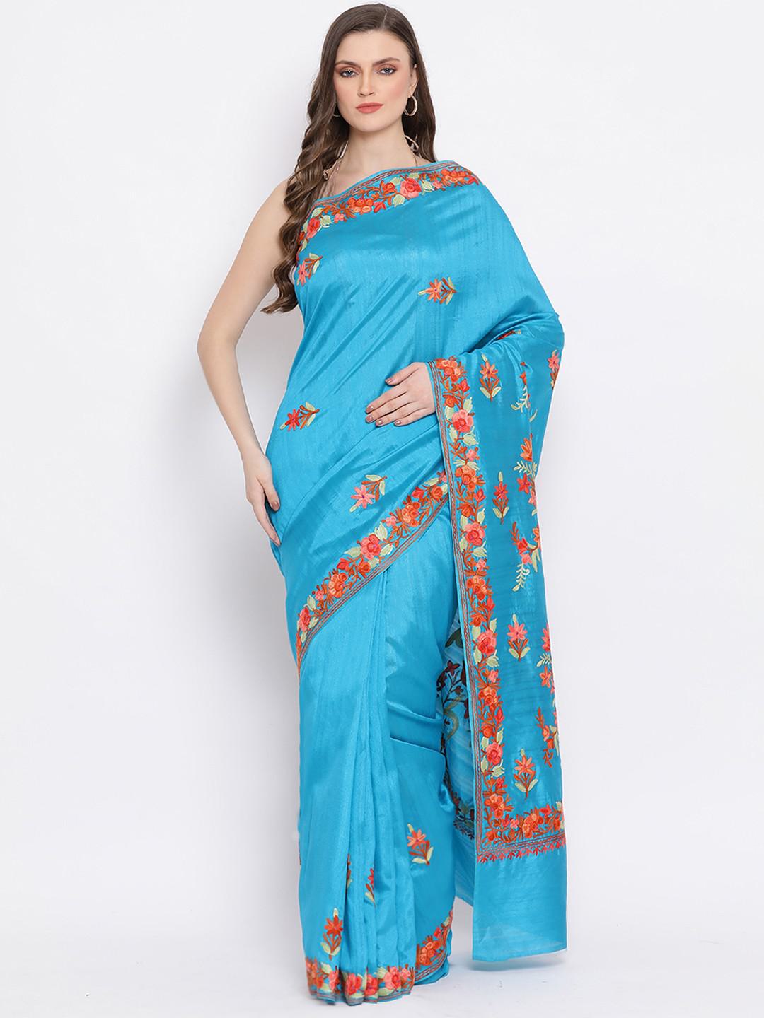 ELECTRIC BLUE SEMI PASHMINA SILK SAREE WITH JAALDAAR FLORAL AARI EMBROIDERY ALL OVER