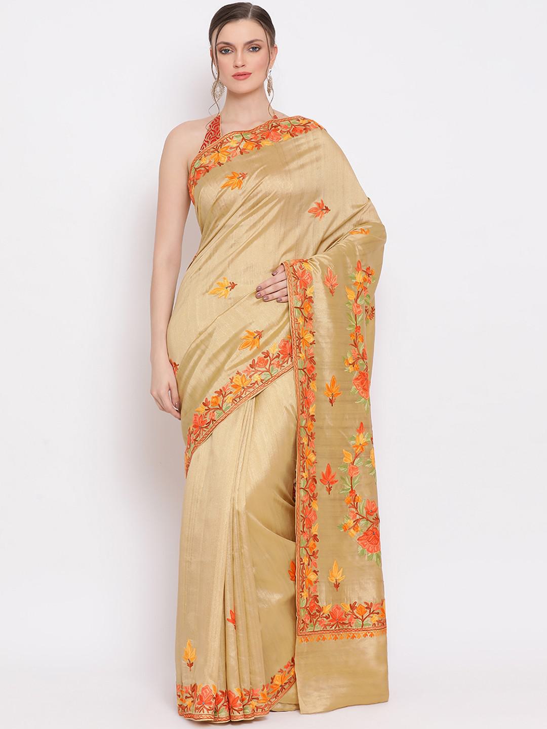 CRIMSON & KHUDRANG SEMI PASHMINA SILK SAREE WITH FLORAL AARI EMBROIDERY ON BORDER & BODY