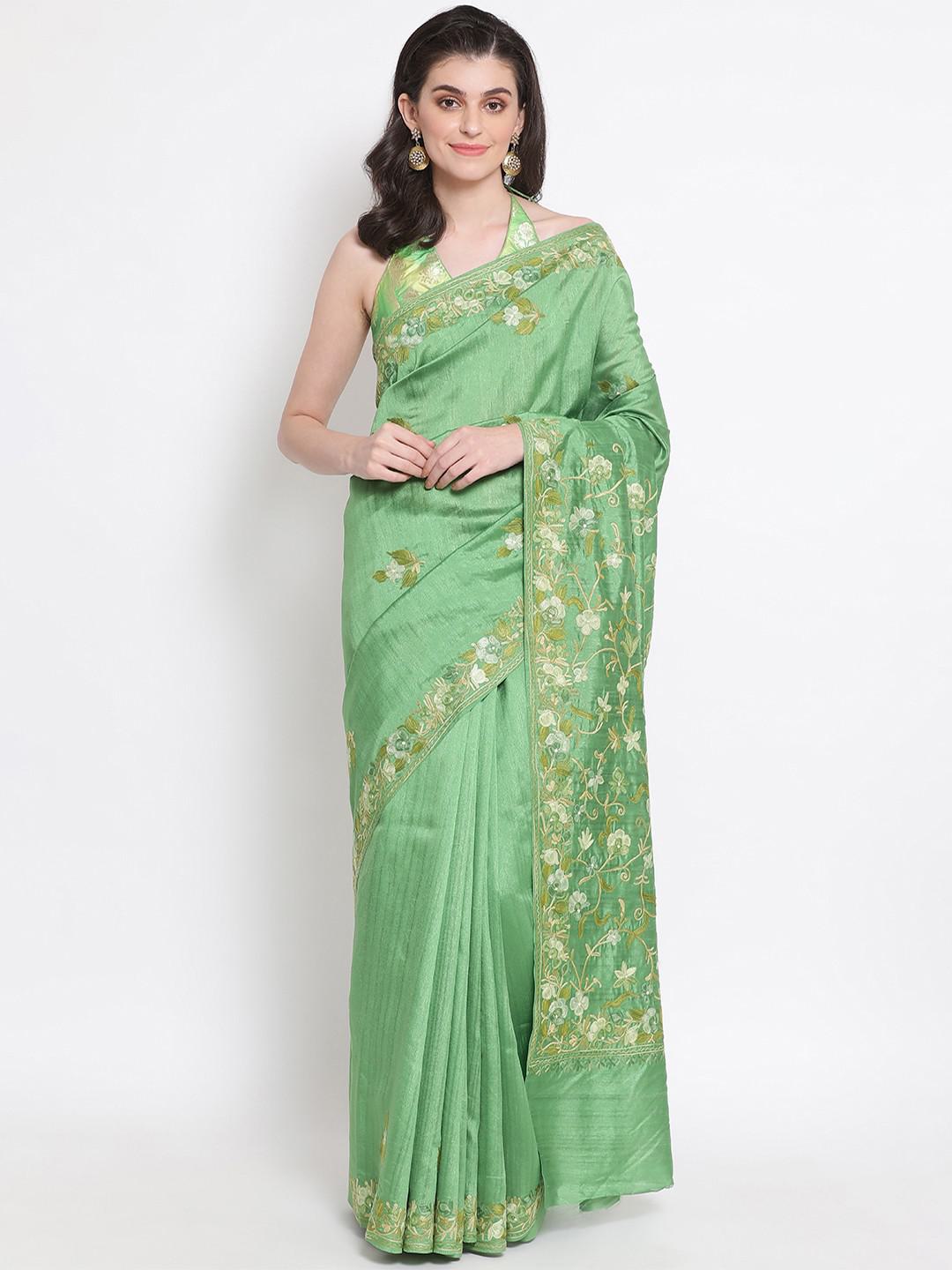 OLIVE GREEN SEMI PASHMINA SILK SAREE WITH JAALDAAR FLORAL AARI EMBROIDERY ALL OVER