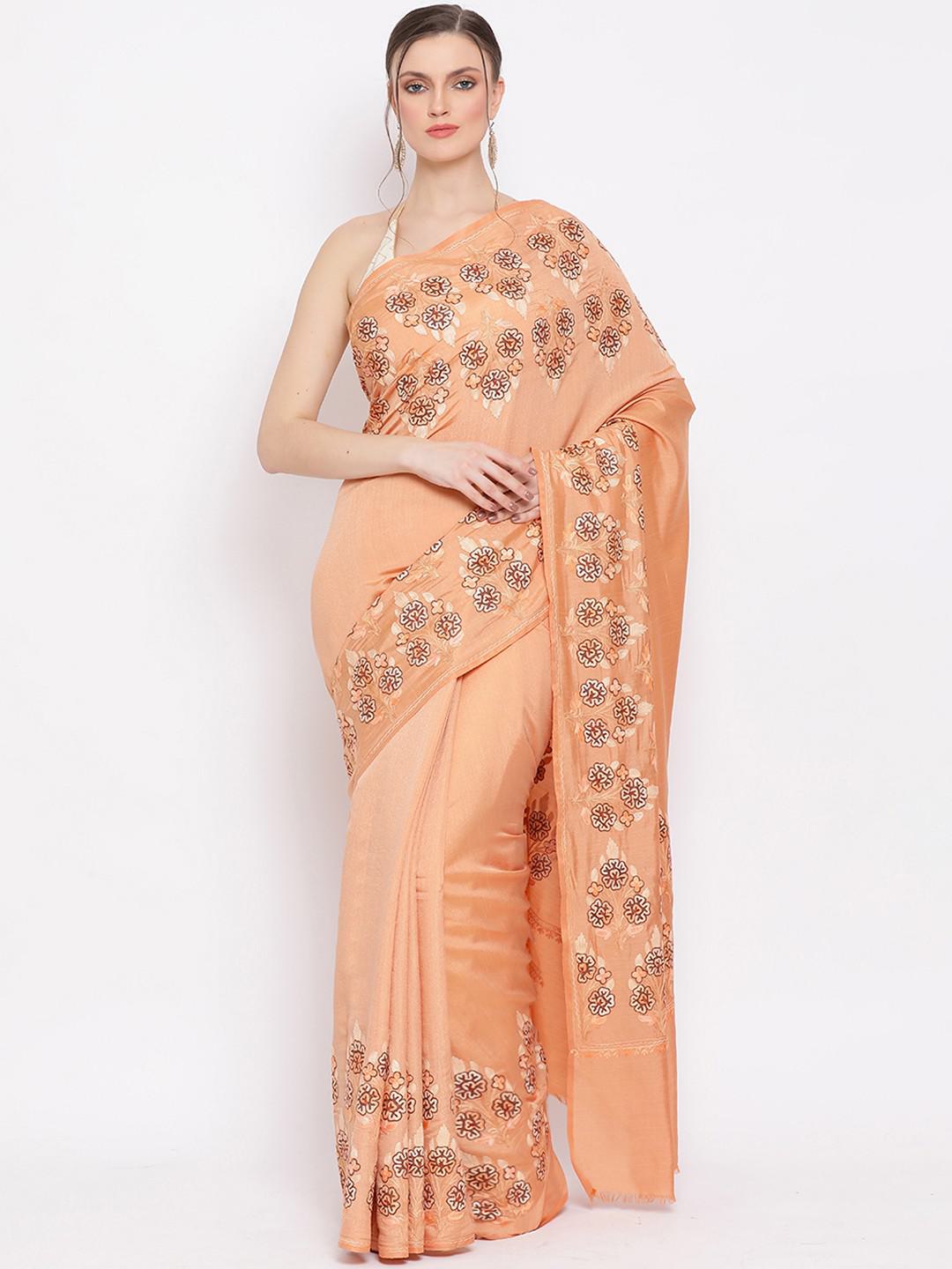 SALMON PINK SEMI PASHMINA SILK SAREE IN PAPER MACHE KANI EMBROIDERY ALL OVER