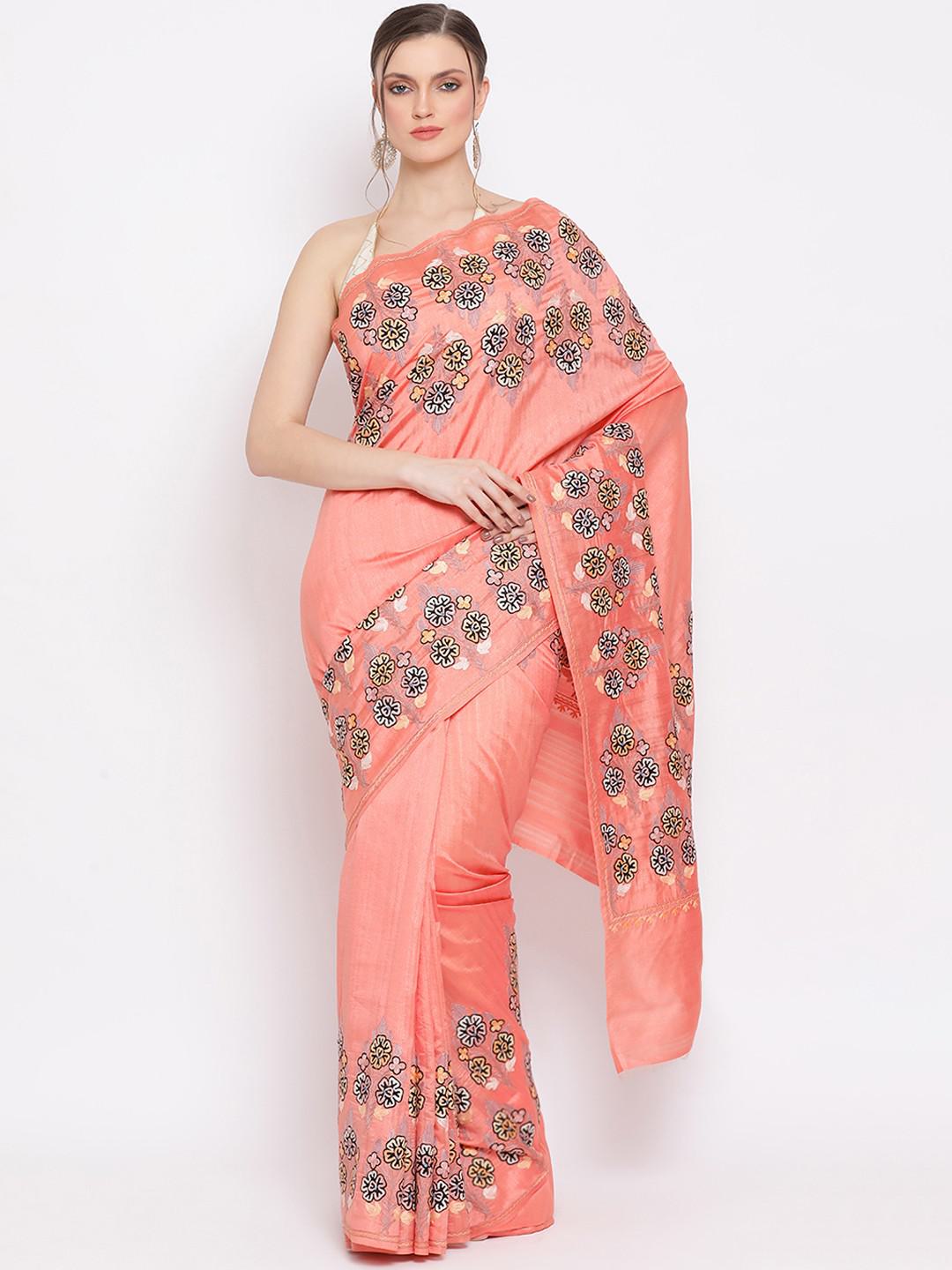 CORAL SEMI PASHMINA SILK SAREE IN PAPER MACHE KANI EMBROIDERY ALL OVER