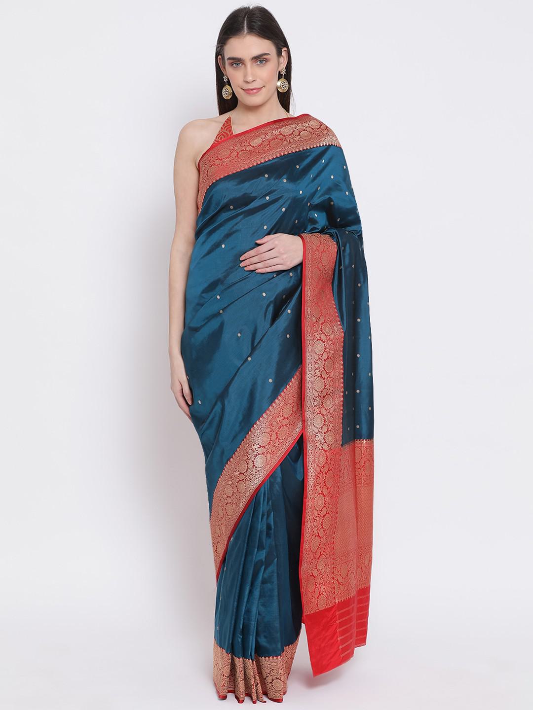 TEAL & CRIMSON PURE BENARASI SILK HANDLOOM SAREE WITH BUTIS & ZARI BORDER