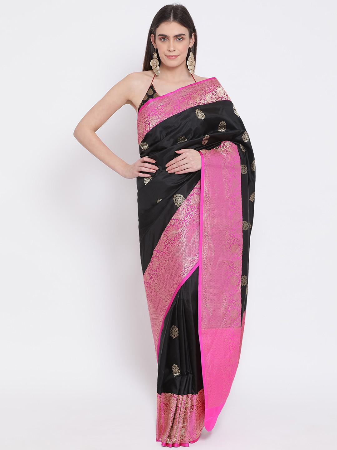 BLACK & FUCHSIA PURE BENARASI SILK HANDLOOM SAREE WUTH GOLDEN BUTIS & WIDE GOLDEN BORDER