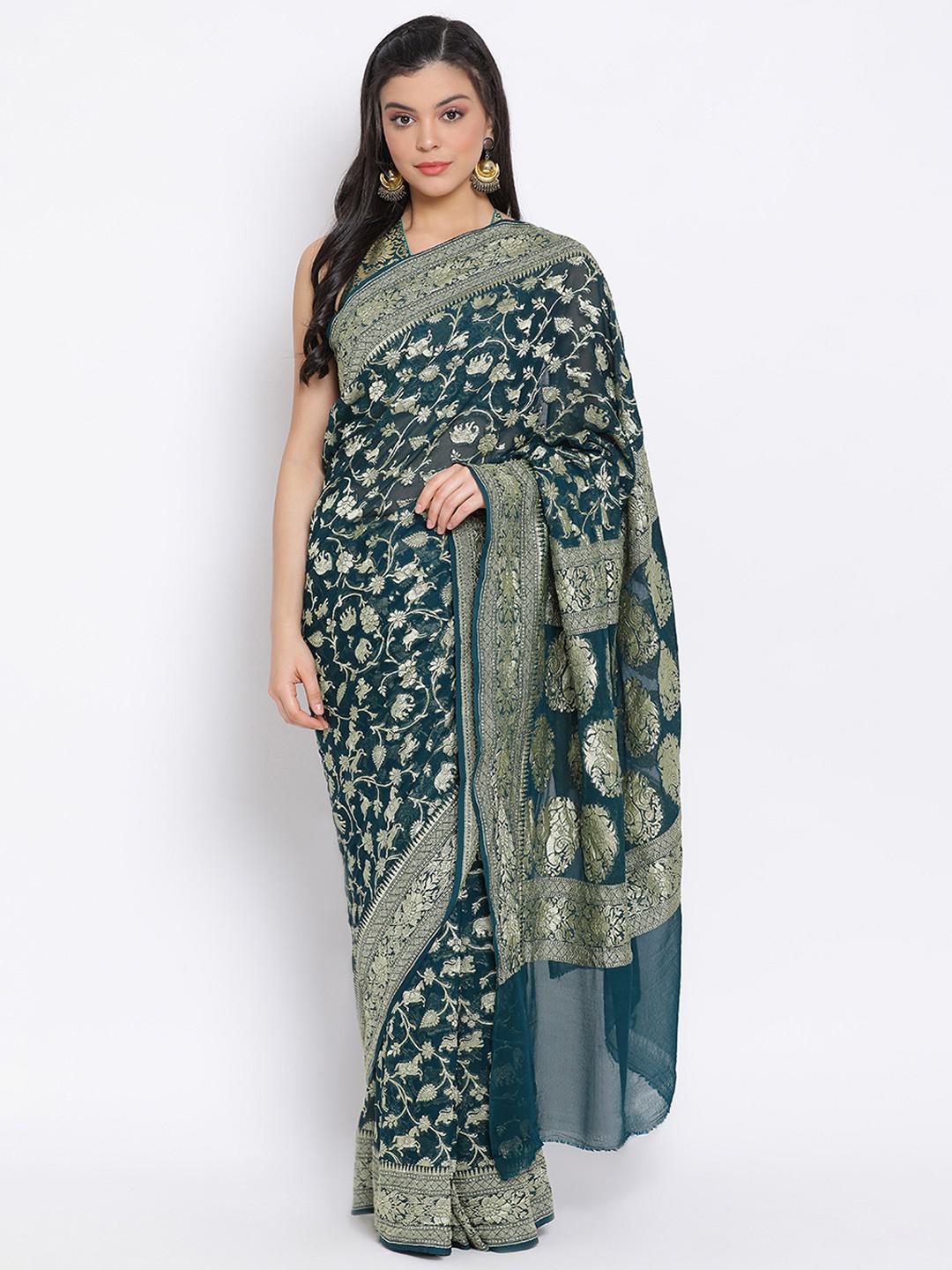 FOREST GREEN PURE GEORGETTE BENARASI SAREE WITH ANIMAL MOTIF JAAL IN HANDWOVEN EMBROIDERY