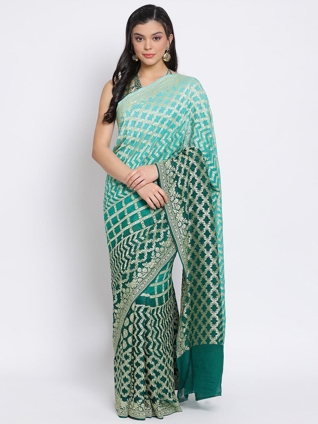 OMBRE GREEN PURE GEORGETTE BENARASI SAREE WITH HANDWOVEN ZARI EMBROIDERY