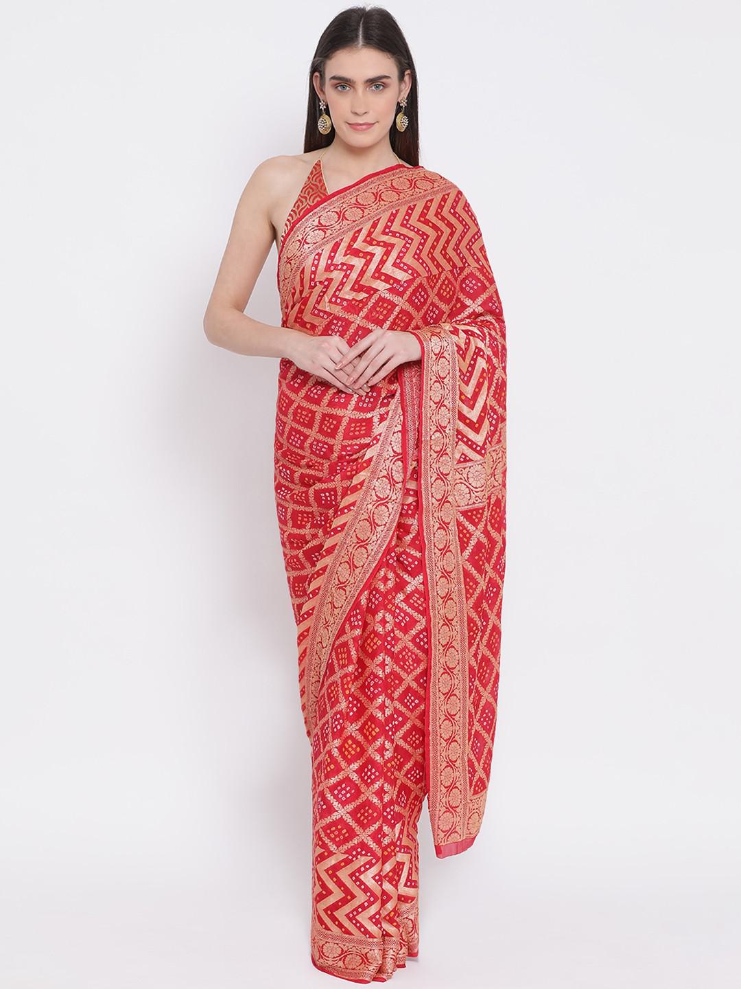 CRIMSON RED PURE GEORGETTE BANDHEJ BENARASI SAREE WITH HANDWOVEN LACCHA ZARI EMBROIDERY