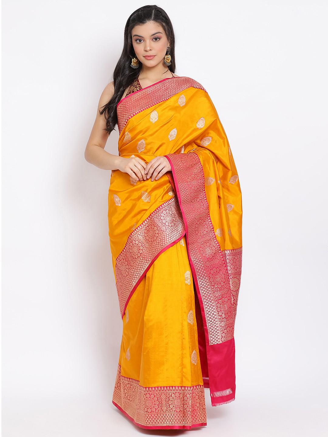 TUSCAN YELLOW & FUCHSIA PURE BENARASI KATAN SILK SAREE WITH KADHUA HANDWOVEN ZARI JAAL EMBROIDERY