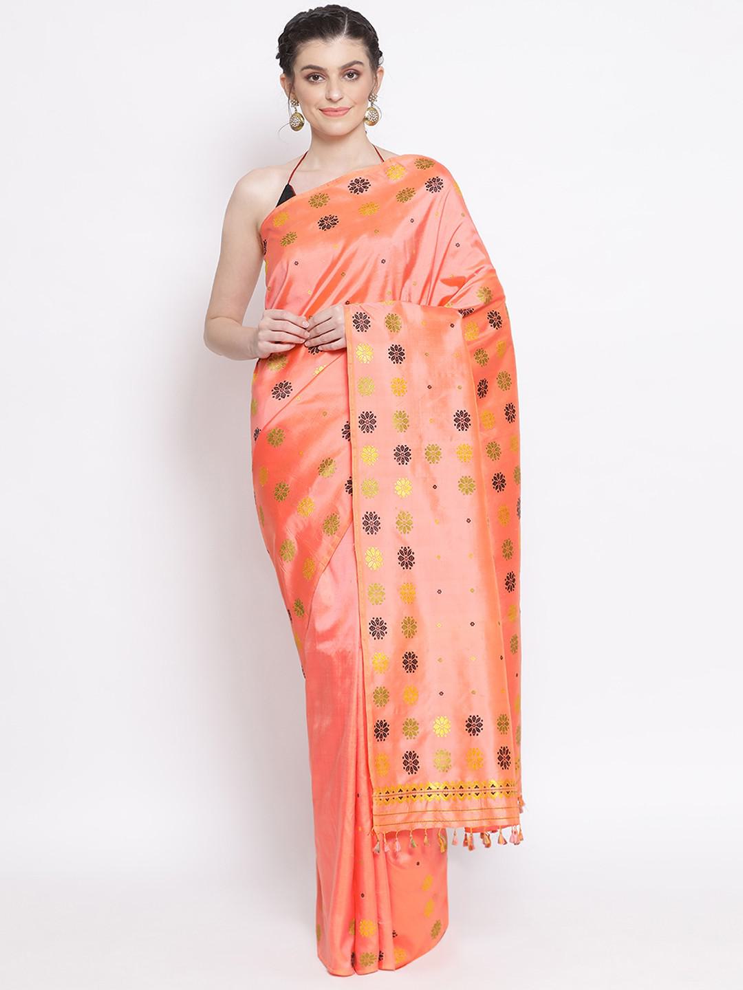 CORAL COLOUR ASSAMESE SILK MEKHLA CHADDAR WITH BLOUSE PIECE