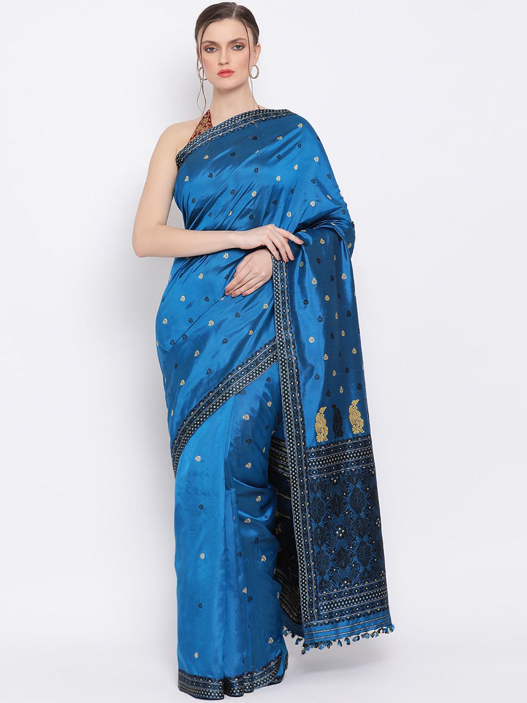 MIDNIGHT BLUE ASSAMESE SILK MEKHLA CHADDAR WITH BLOUSE PIECE