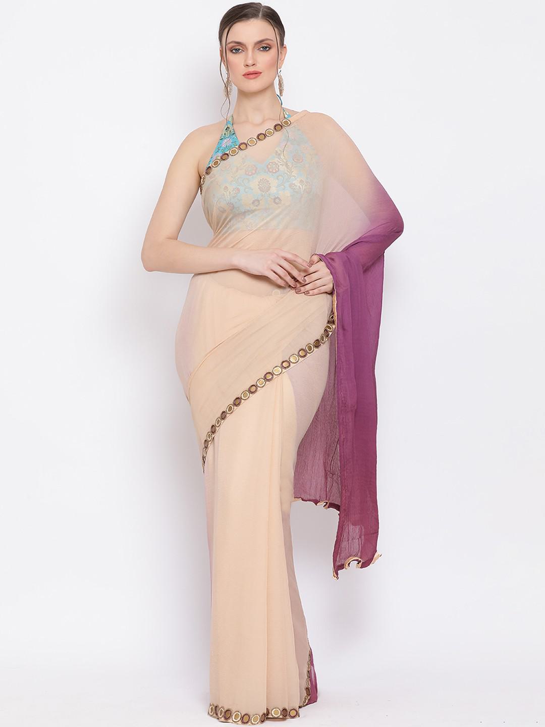 CREAM & LILAC COOUR PURE CHIFFON SAREE WITH MIRROR WORK BORDER