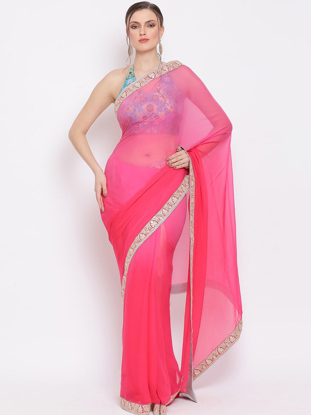 PINK OMBRE POLY CHIFFON SAREE WITH KASHMIRI TILLA BORDER