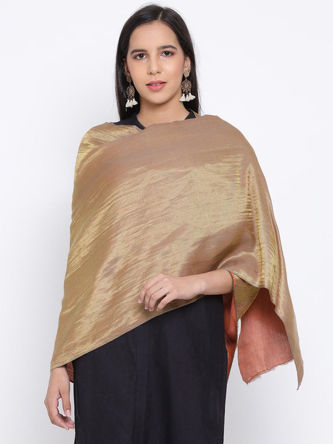 PURE PASHMINA REVERSIBLE SHAWL IN WOVEN ZARI IN DUAL TONES OF PEACH & GOLD HUES