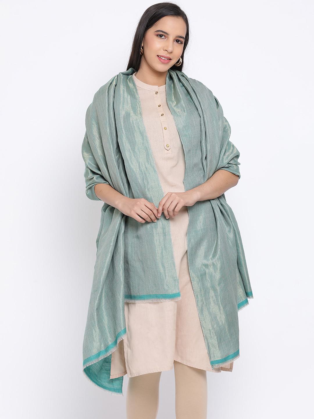 PURE PASHMINA REVERSIBLE SHAWL IN WOVEN ZARI IN DUAL TONES OFAQUA GREEN & GOLD HUES