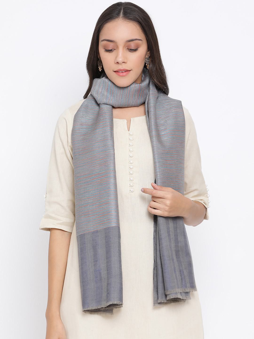 PURE PASHMINA REVERSIBLE SHAWL IN WOVEN ZARI IN DUAL TONES OF SLATE GREY STRIPES & GOLD HUES