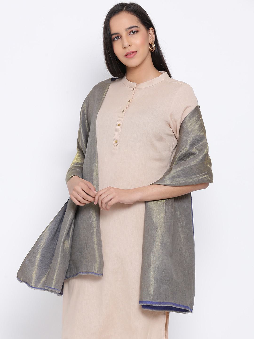 PURE PASHMINA REVERSIBLE SHAWL IN WOVEN ZARI IN DUAL TONES OF TURKISH BLUE &  GOLD HUES