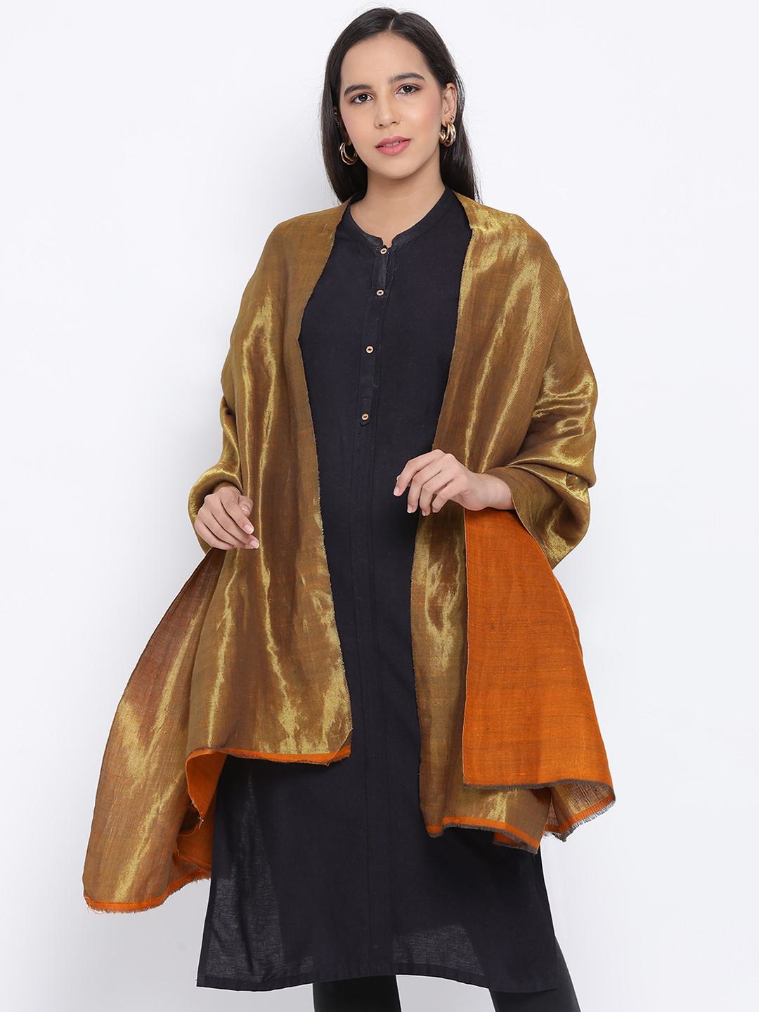 PURE PASHMINA REVERSIBLE SHAWL IN WOVEN ZARI IN DUAL TONES OF RUST & GOLD HUES