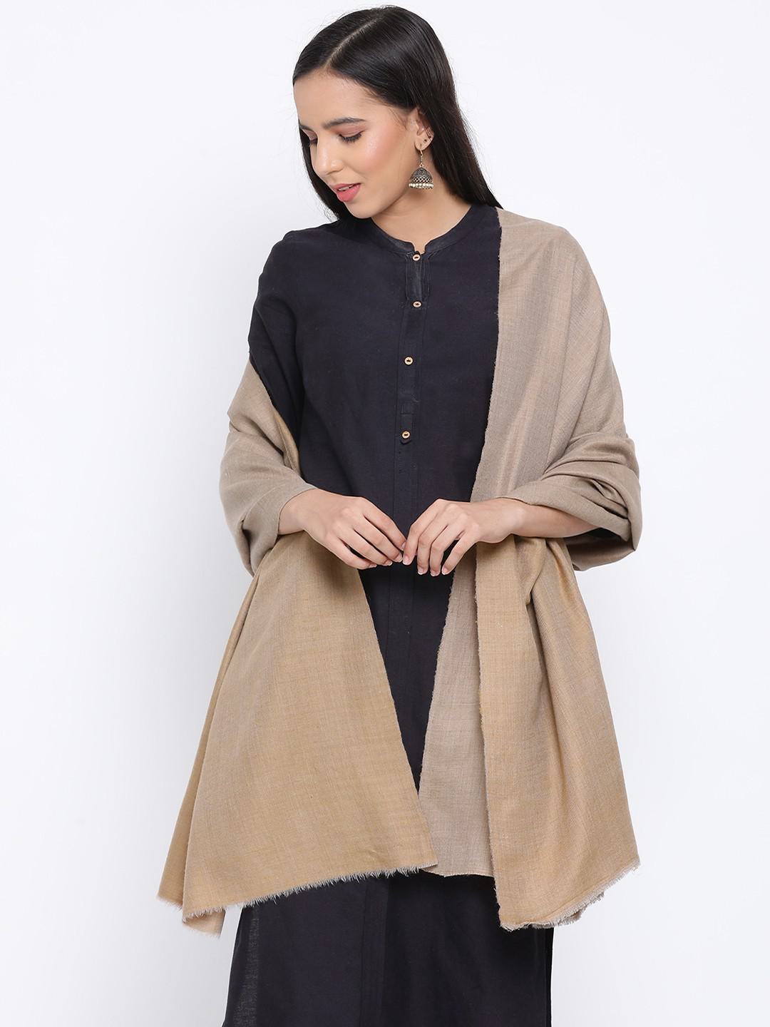PURE PASHMINA WOVEN REVERSIBLE SHAWL IN MUSTARD & BEIGE HUES