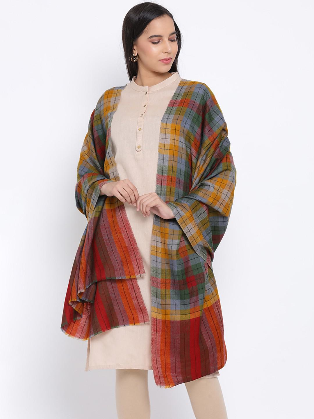PURE PASHMINA WOVEN REVERSIBLE SHAWL IN MULTICOLOURED CHECKS