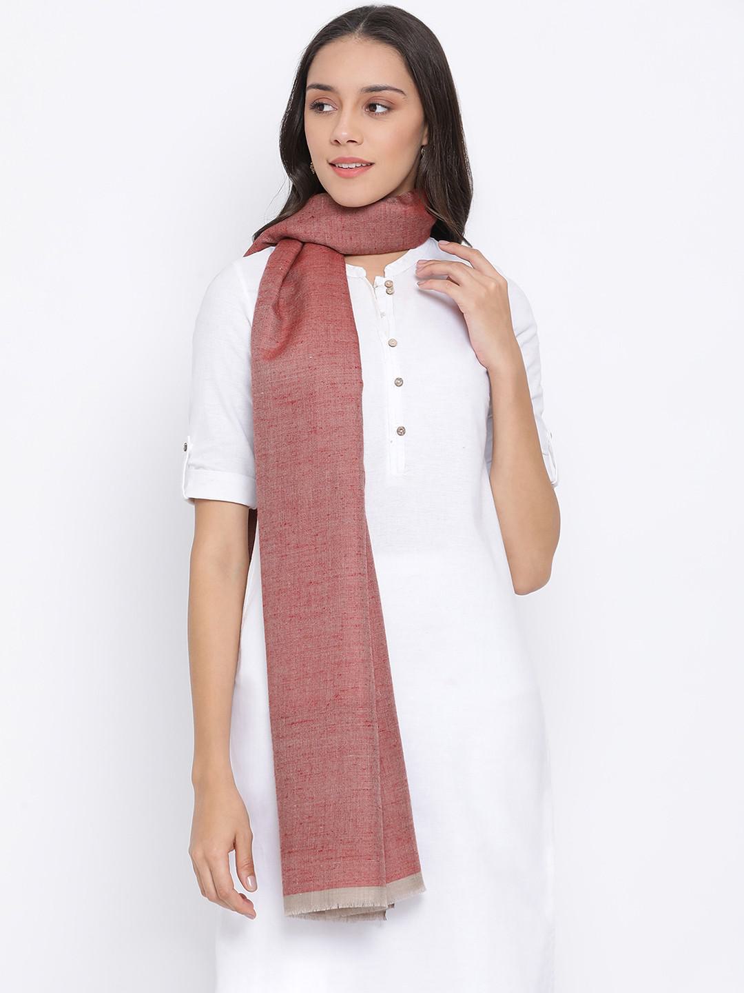 PURE PASHMINA WOVEN REVERSIBLE SHAWL IN RED & CAMEL HUES
