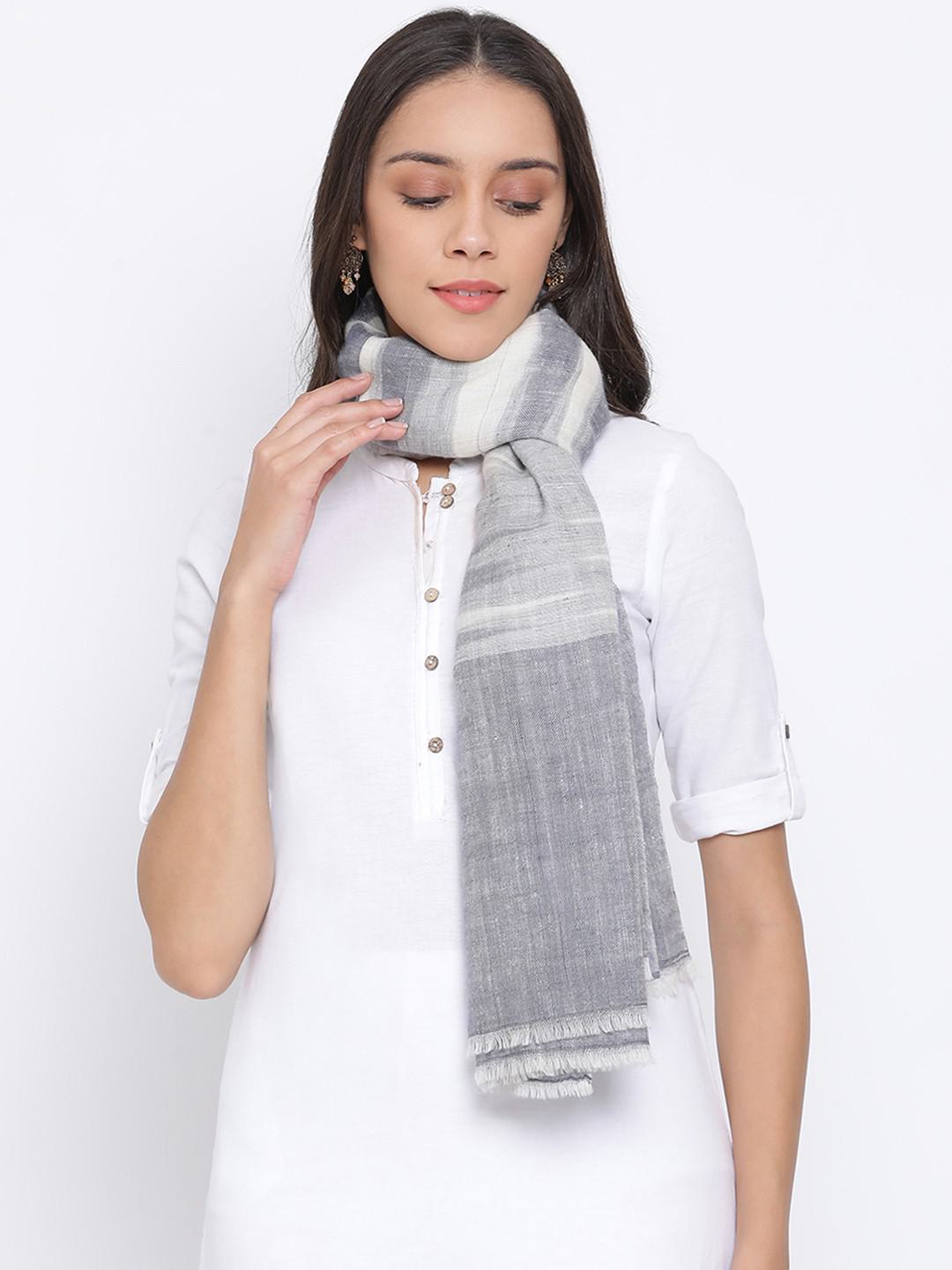 PURE PASHMINA SHAWL IN REVERSIBLE IKAT INSPIRED WEAVE IN IVORY & SLATE GREY HUES