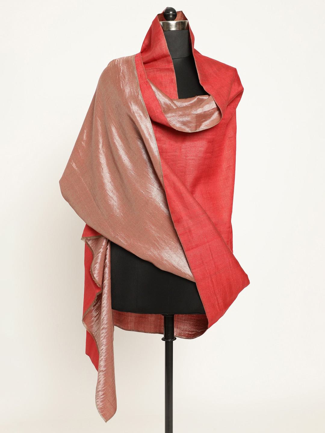 PASHMINA HAND EMBROIDERED SHAWL IN BRICK RED & SILVER