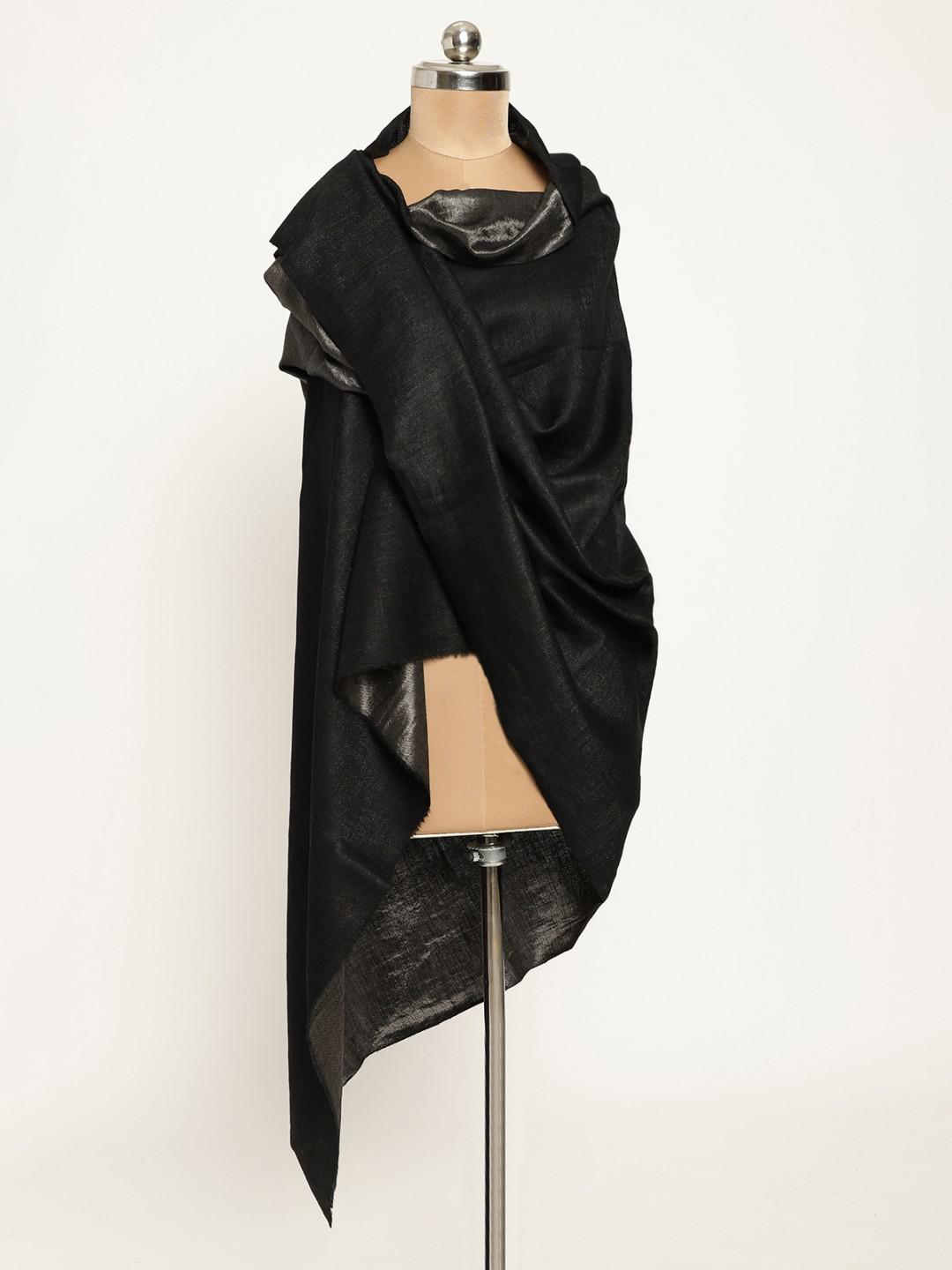 PASHMINA HAND EMBROIDERED SHAWL IN BLACK & SILVER