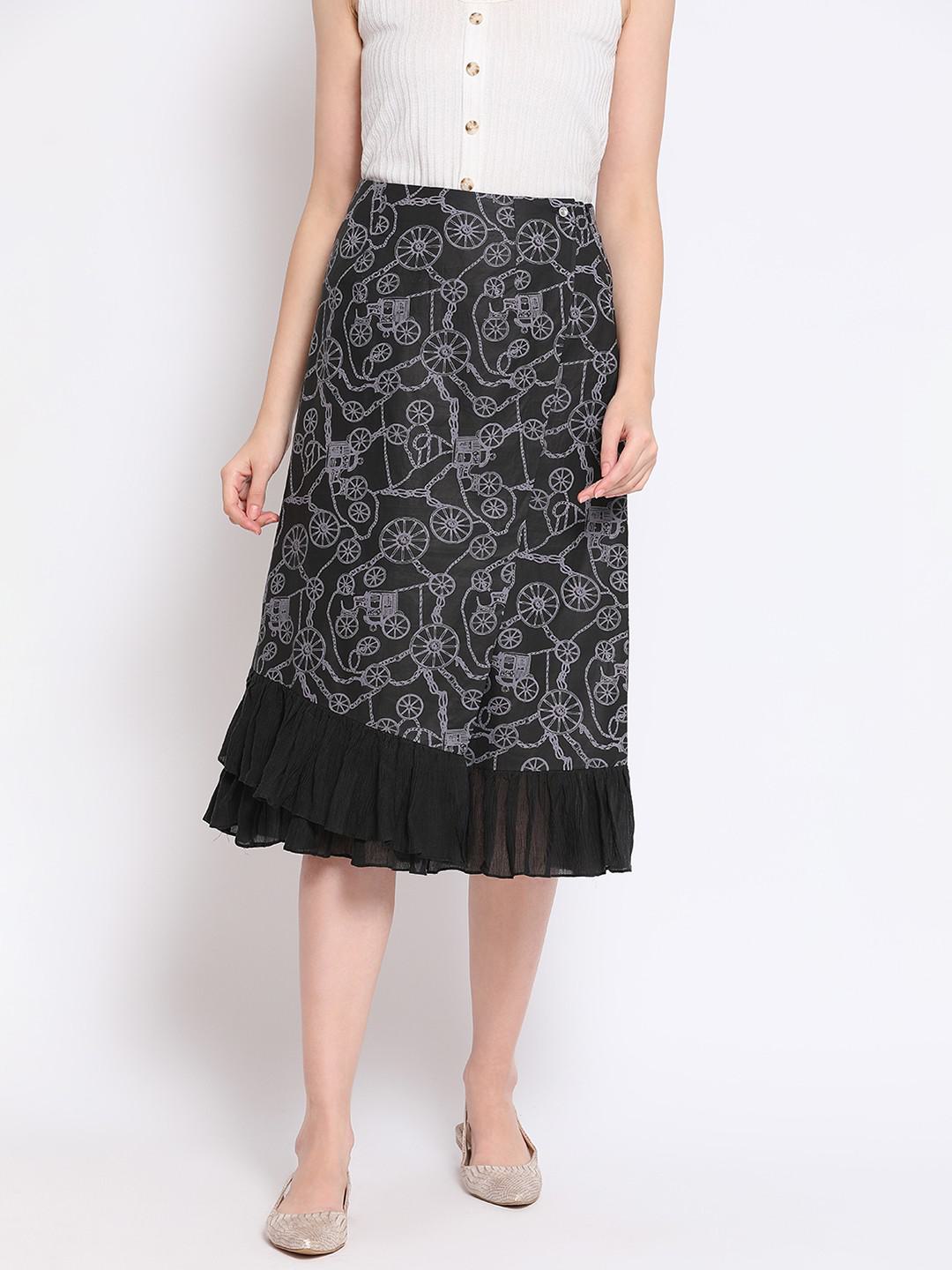 GREY BLACK COTTON PRINTED FIXED WRAP SKIRT WITH FRILL