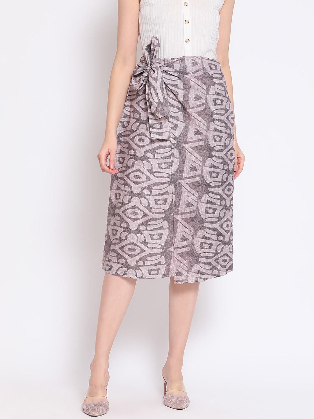 LAVENDER HUED COTTON LINEN PRINTED FIXED WRAP SKIRT WITH TIE