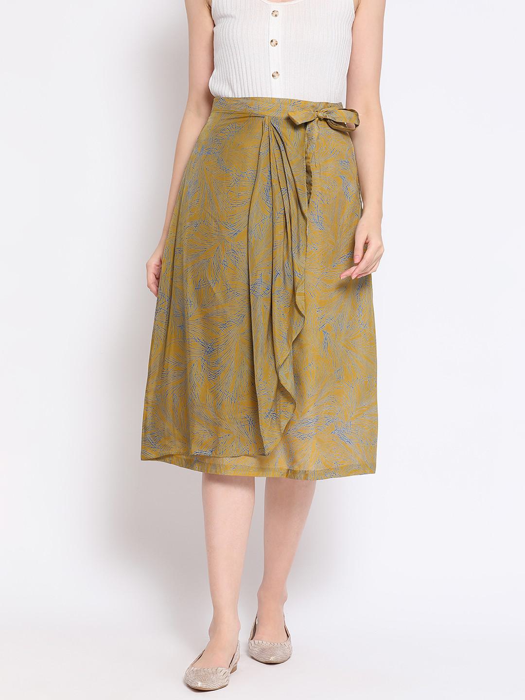 MOSS GREEN ROMAN SILK PRINTED FIXED WRAP SKIRT WITH TIE