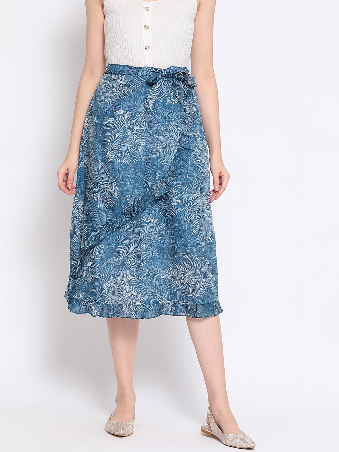 SLATE BLUE ROMAN SILK PRINTED FIXED WRAP SKIRT WITH DETACHABLE BELT & LOOP AT WAIST