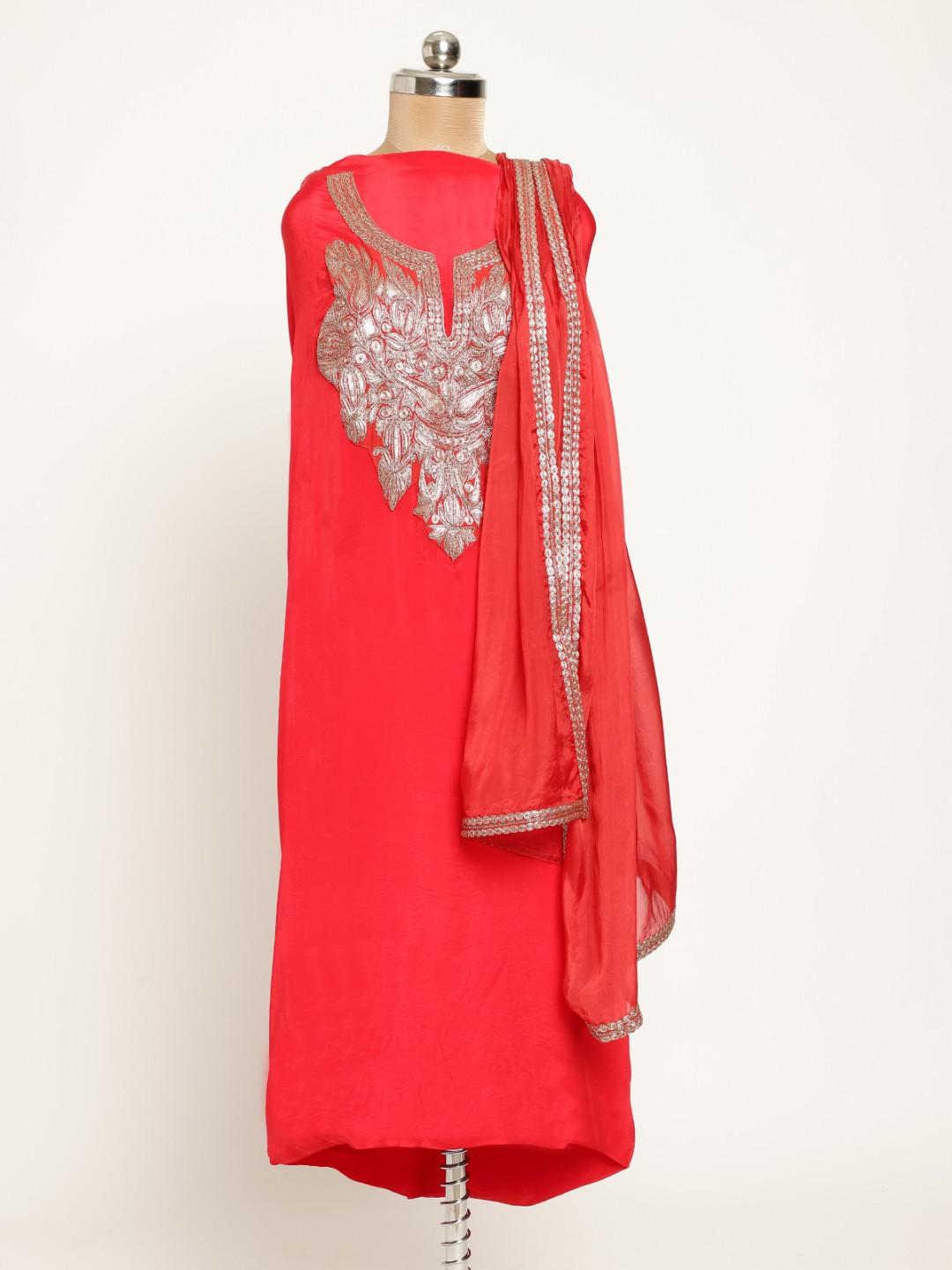 CRIMSON RED SILK SUIT PIECE WITH DUPATTA WITH BRONZE TILLA EMBROIDERY