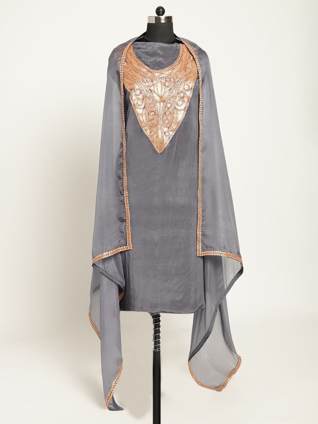 PEWTER GREY SILK SUIT PIECE WITH DUPATTA WITH BRONZE TILLA EMBROIDERY