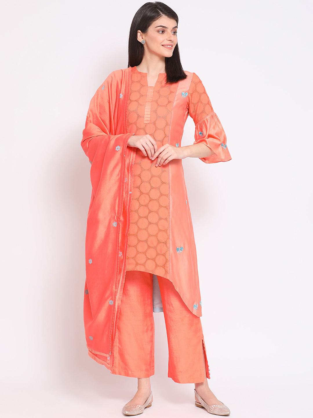 COTTON SCHIFFLEY SUIT SET IN PEACH & BLUE HUES WITH DUPATTA