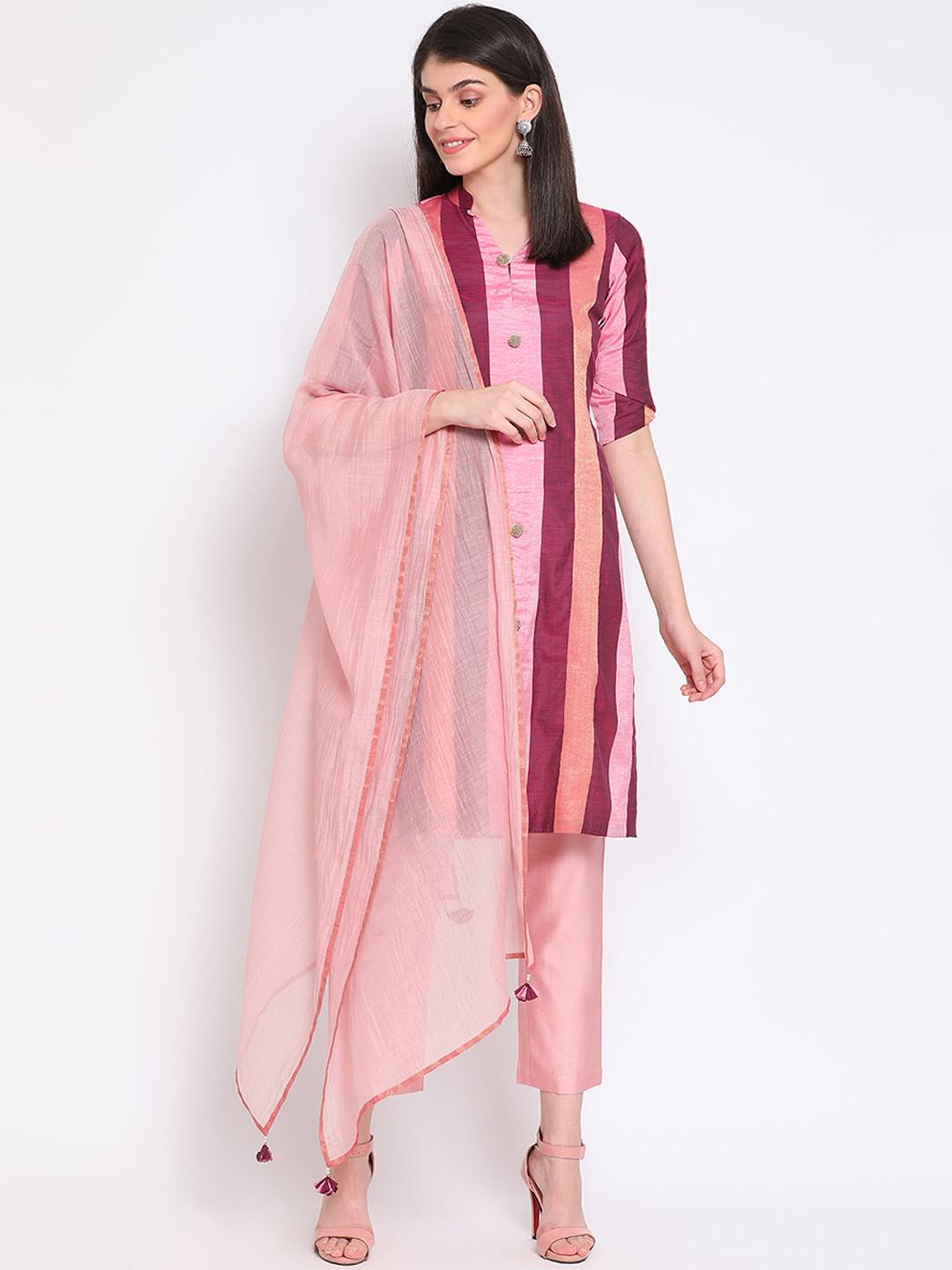 SHADES OF BERRY IN VERTICAL STRIPED CHANDERI SILK KURTA WITH TROUSER AND CHANDERI STOLE