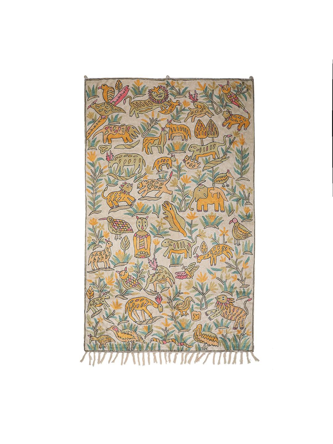 CREAM & ANIMAL MOTIF TAPESTRY WITH PURE RESHAM CREWEL EMBROIDERY