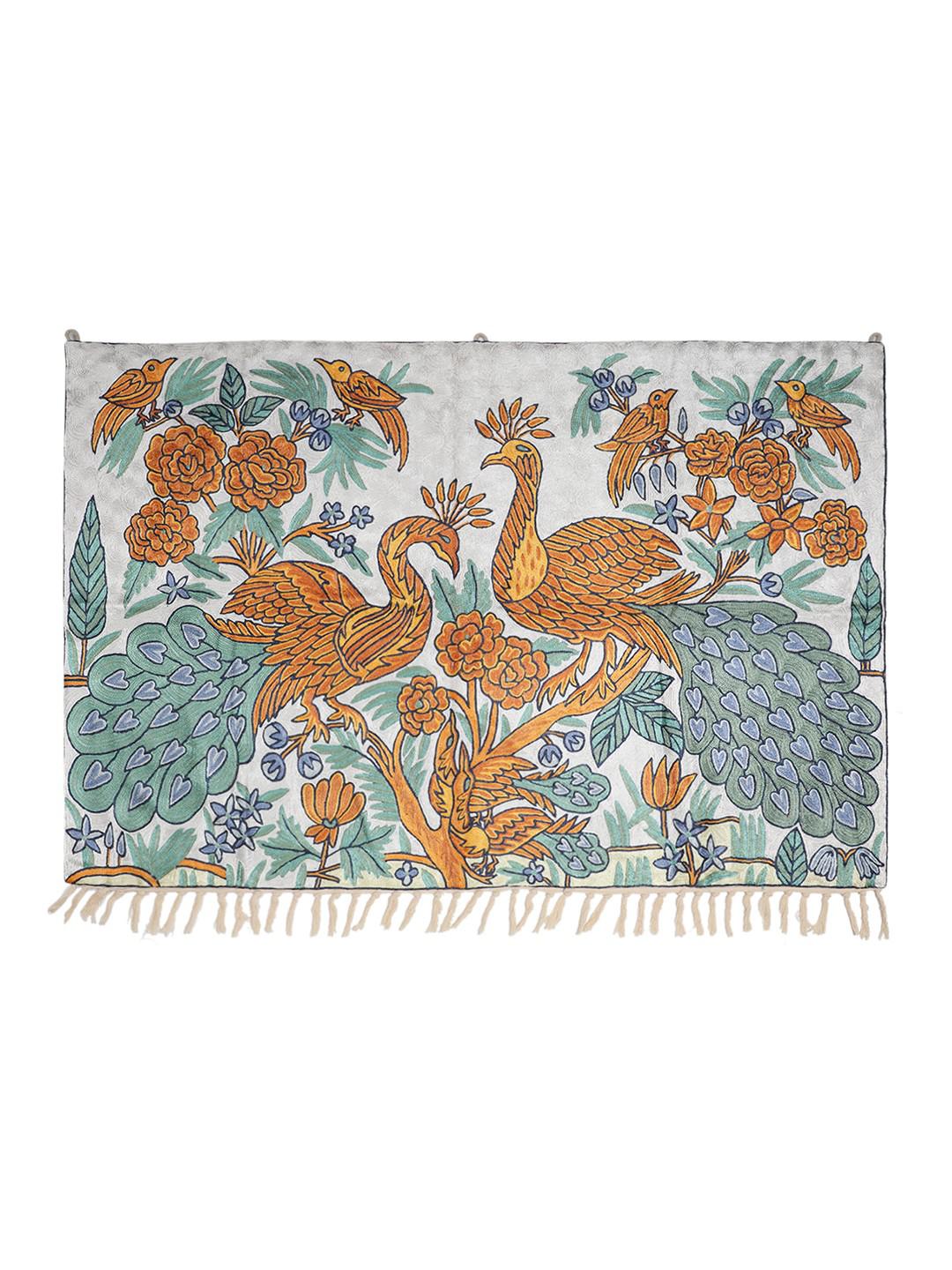 CREAM & GREEN TAPESTRY WITH PEACOCK MOTIF IN PURE RESHAM CREWEL EMBROIDERY