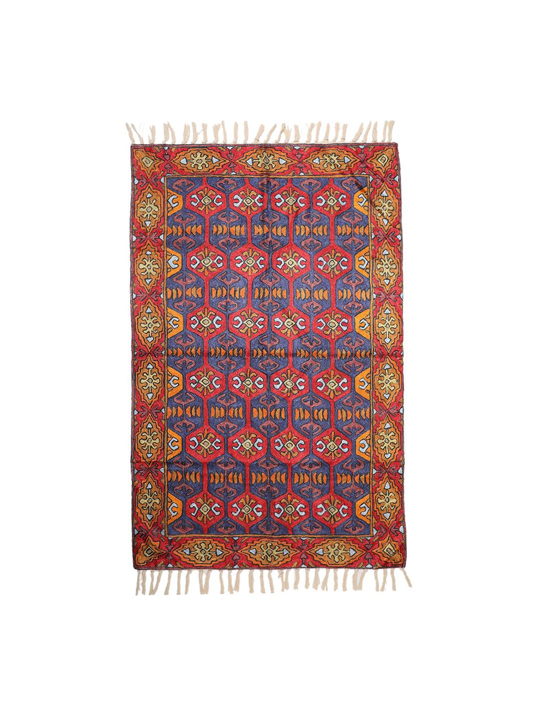 LUE & RED GEOMETRIC PATTERNED TAPESTRY WITH PURE RESHAM CREWEL EMBROIDERY