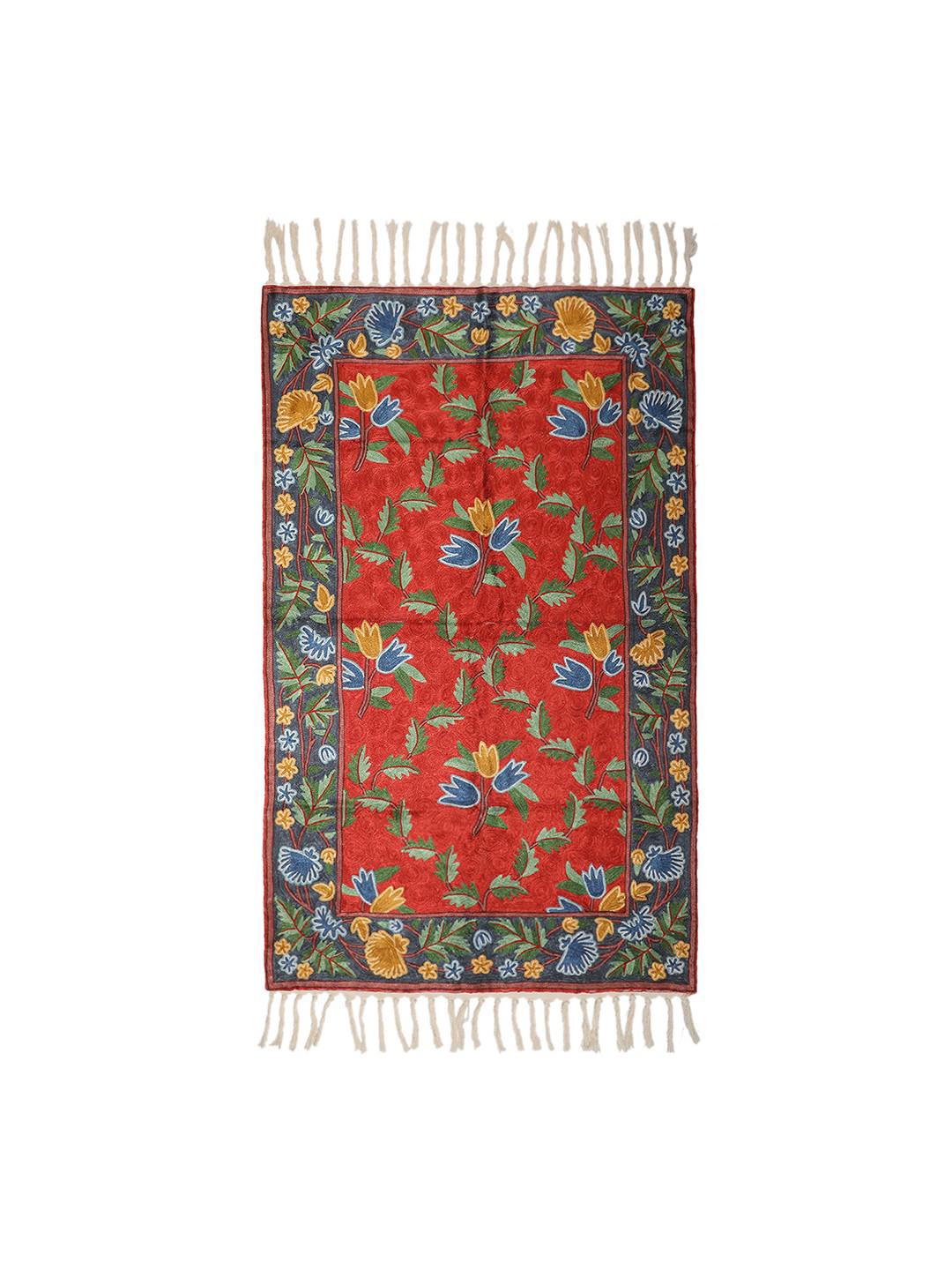 RUST & DARK BLUE TULIP PATTERNED TAPESTRY WITH PURE RESHAM CREWEL EMBROIDERY