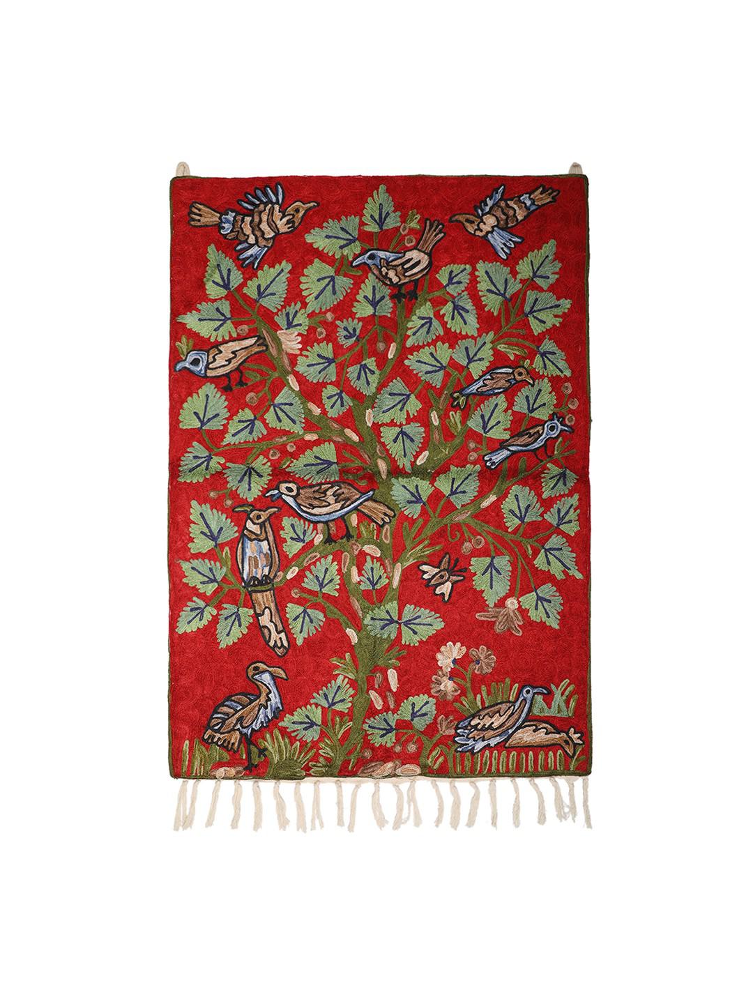 MAROON WITH GREN LEAVES AND BIRDS TAPESTRY WITH PURE RESHAM CREWEL EMBROIDERY