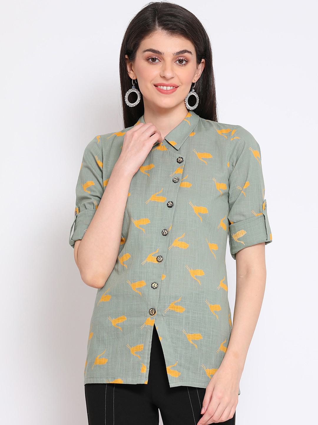 DUSTY GREEN PRINTED COTTON SHIRT WITH DISCHARGE PRINT & WOODEN BUTTONS